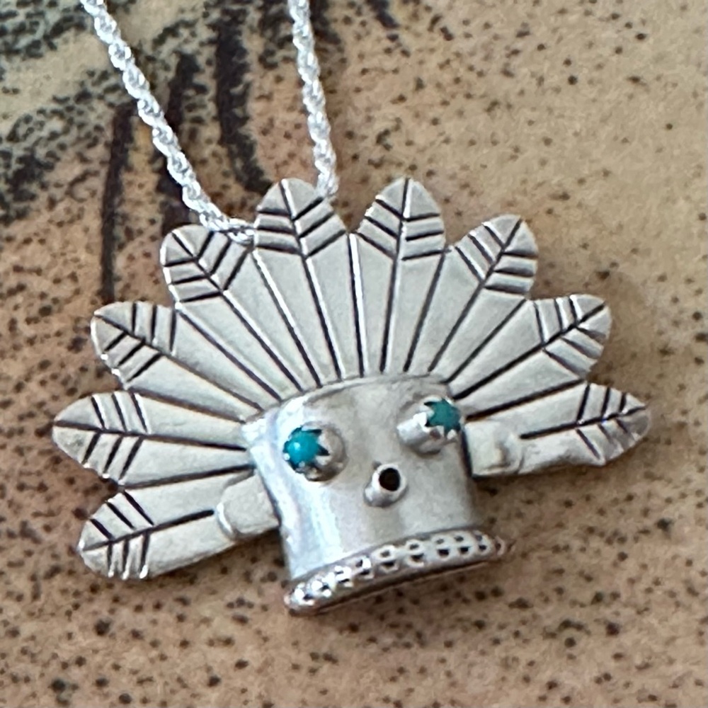 Vintage Sterling Silver Turquoise Kachina Pendant Necklace Native American Style - Picture 6 of 10